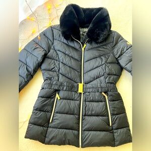 Michael Kors Black Fur Light Weight Jacket with Golden Elements Adjustable Belt